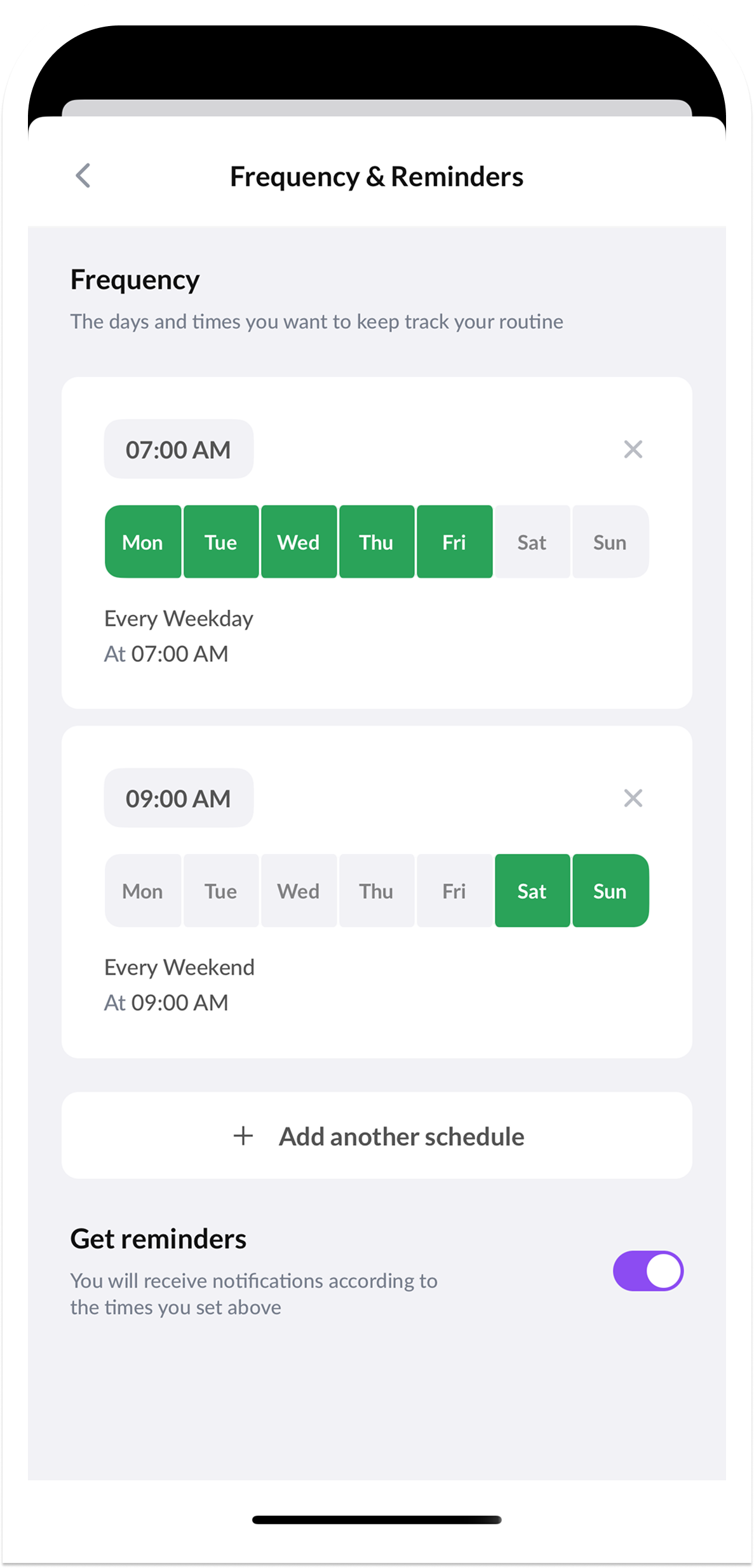 Dayful Frequency & Reminders screen