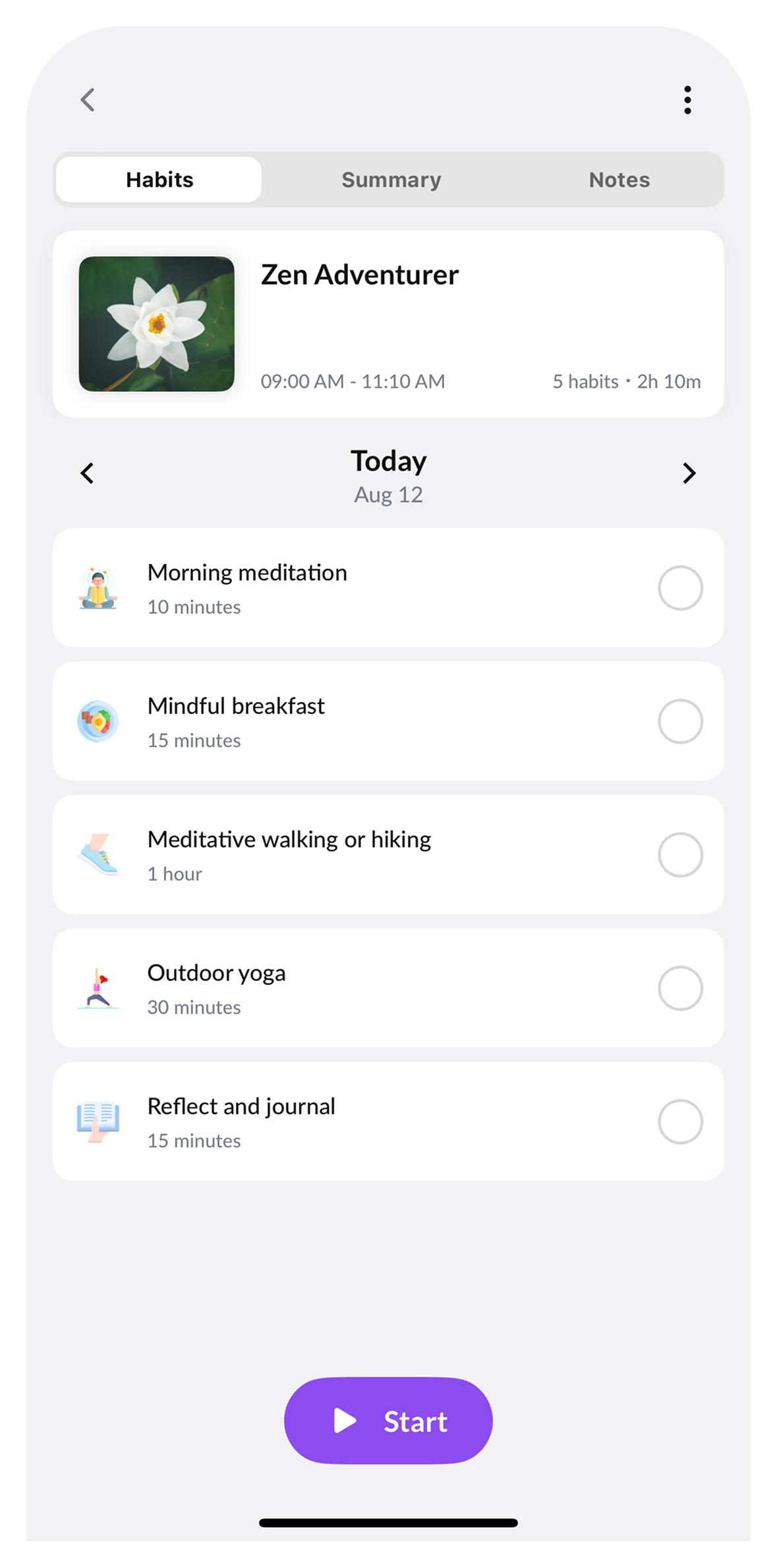 Dayful Zen Adventurer habits screen